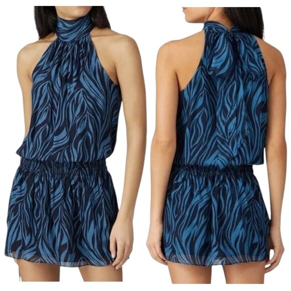 Ramy Brook Zebra Print Silk Halter Mini Dress Blue Resort Party L - Picture 1 of 10